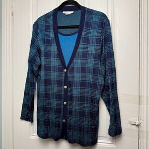 VTG Cardigan Sweater Womens Medium Blue Green Plaid Knit Academia Gold Buttons